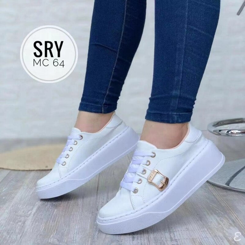 Black Sneakers Fashion Flat Buckle Lace Up Leather Outdoor Vulcanized Shoes Casual Mesh Adult Running Shoes for Women New 2023