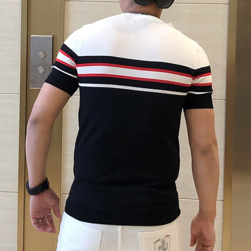 Summer Patchwork Color Slim Fit Knitted T Shirt Men O-Neck Stretched Tee Shirt Homme 2022 Streetwear Fashion Men Casual T-Shirt