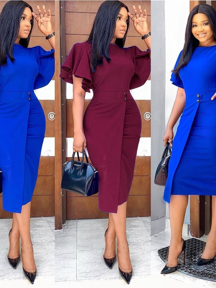 Women Elegant Dresses Bodycon Flare Sleeves Knee Length Office Ladies Modest Elastic Vestidos Wine Red Blue Package Hip Robes