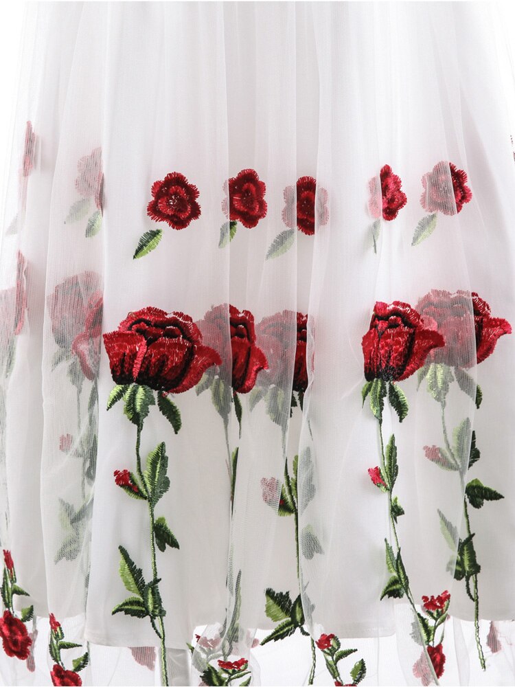 Tonval Rose Floral Embroidered V-Neck Elegant Party Dress Pleated Mesh Overlay Women Short Sleeve Vintage Summer Dresses