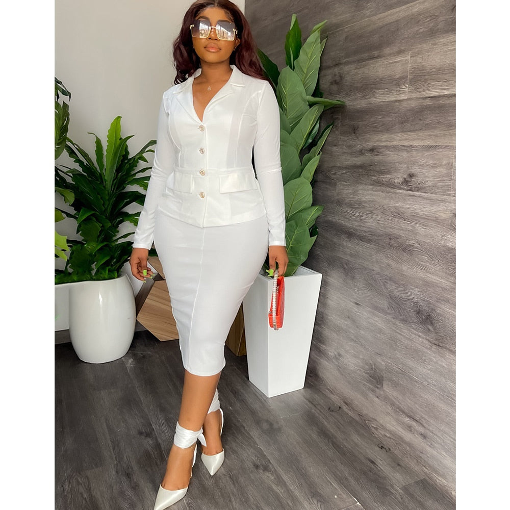 Women Blazer 2 Piece Skirt Sets Fashion Long Sleeve Single-breasted Tops Midi Skirt Suits Dashiki Ladies Office African Clothing