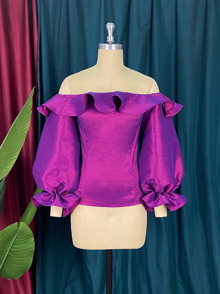 Women Blouse Shiny Off Shoulder Ruffle Sexy Party Shirt Tops Purple Birthday Large Size 2022 Fashion Female African Summer Bluas