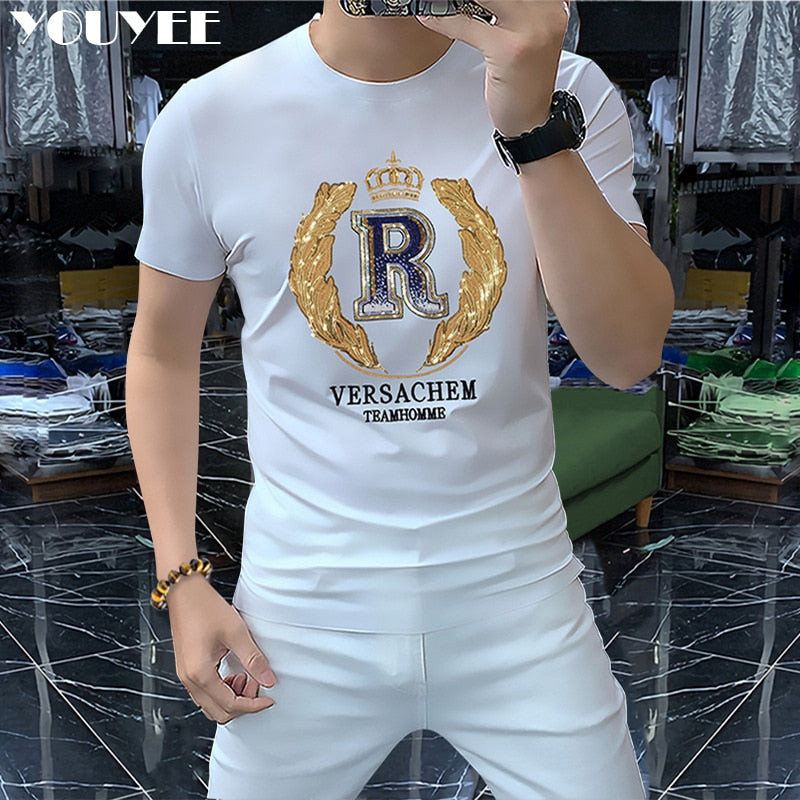 T-shirt Men&amp;#39;s 2022 New Summer Short Sleeve Letter Crown Sequin Embroidery O-Neck Slim Red Top Luxurious Trend Party Man Clothing