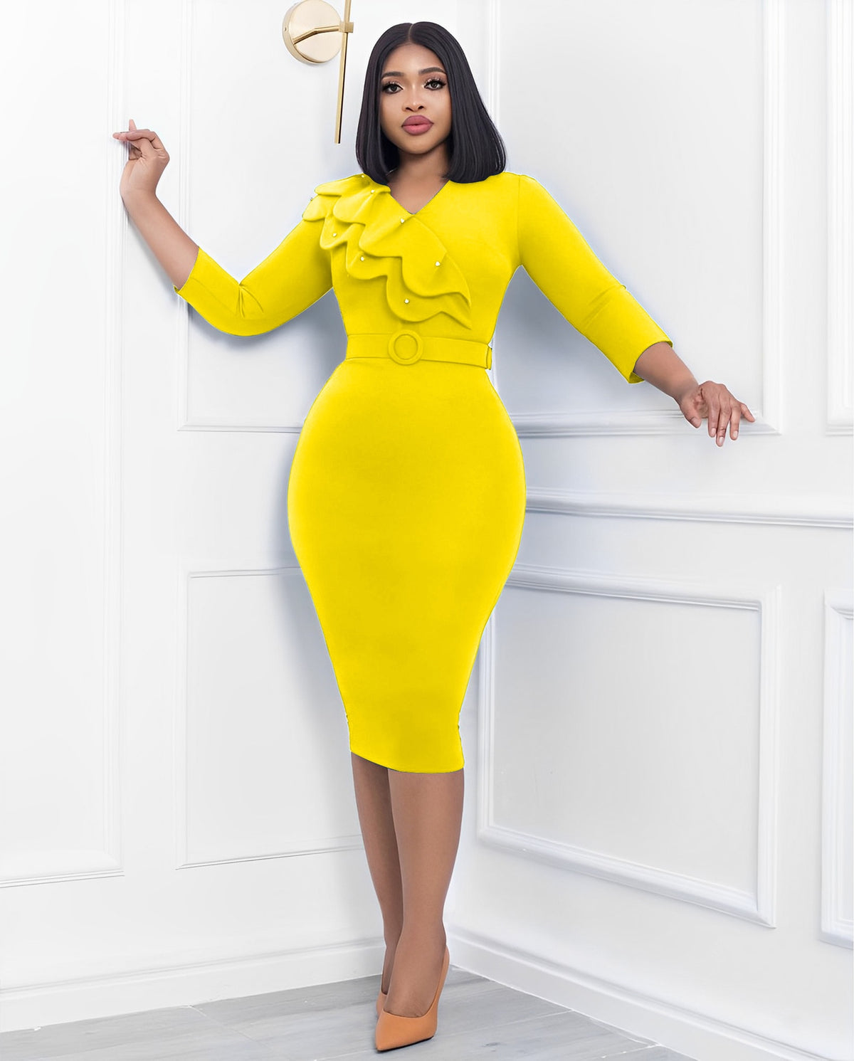 Autumn And Winter Fashion Dress Women&amp;#39;s Solid V-Neck Long Sleeve Pencil Dress Elegant Commuter Fitted Dress
