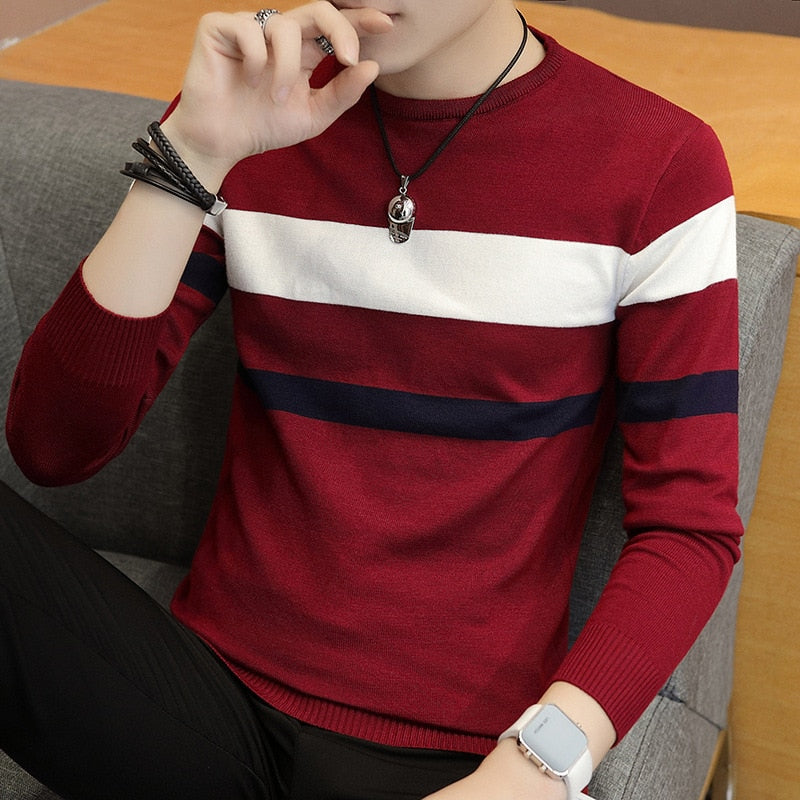 2023 Men&amp;#39;s Striped Thin Long-Sleeved Sweater Youth round Neck Pullover Slim Casual Sweater