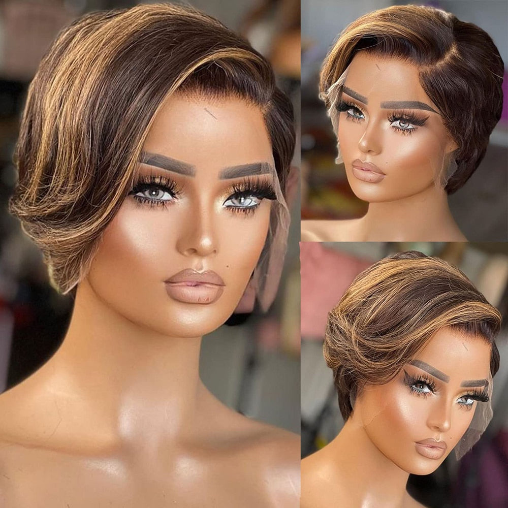 Short Bob Wig Pixie Cut Wig Straight Human Hair Wigs T Part Transparent Lace Wig For Women Highlight Straight Pixie Cut Wig