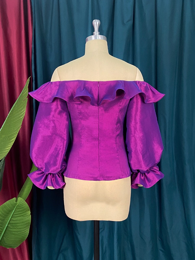 Women Blouse Shiny Off Shoulder Ruffle Sexy Party Shirt Tops Purple Birthday Large Size 2022 Fashion Female African Summer Bluas