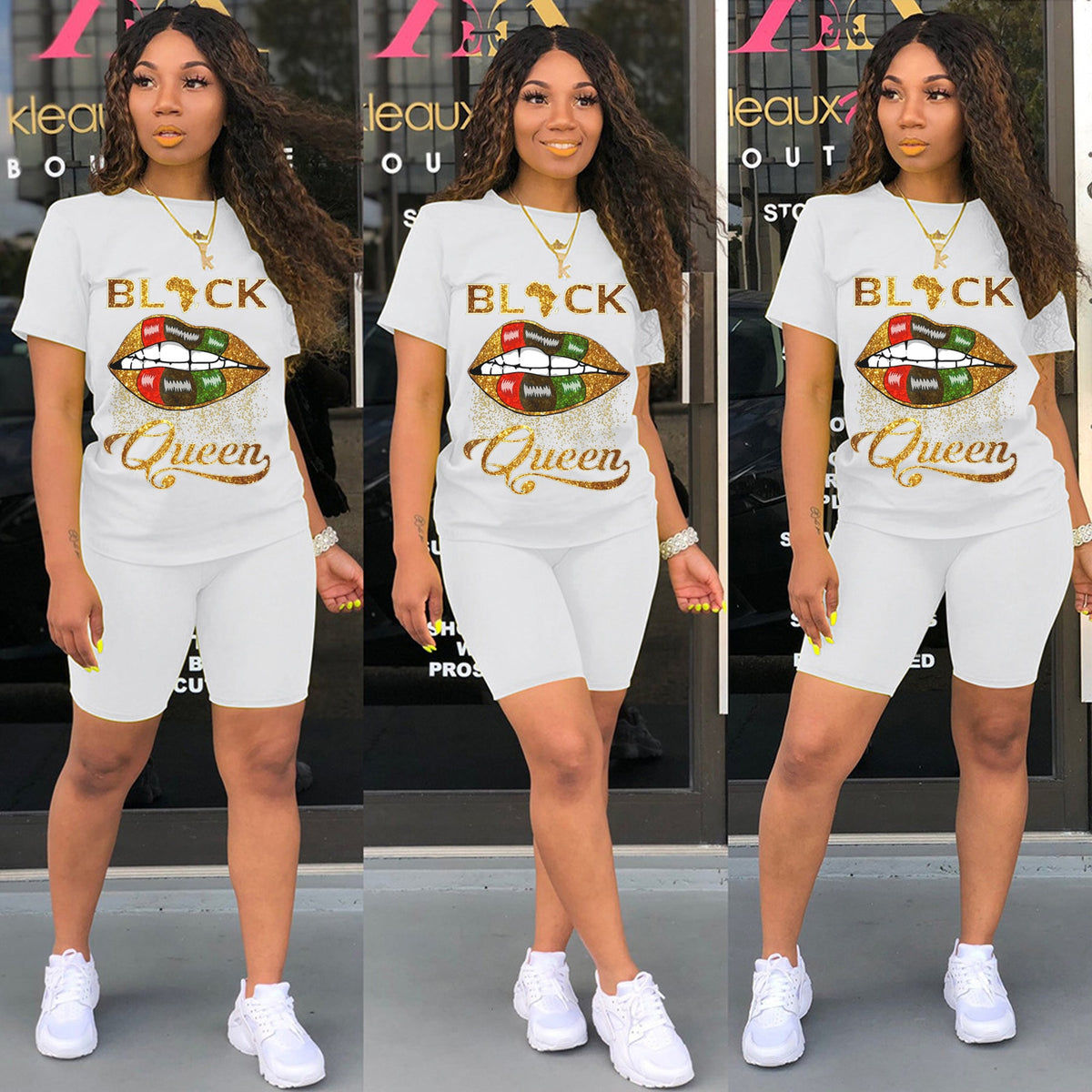 Women Black queen Letter Print short Sleeve Sweatsuit Spring Female Stripe Tracksuits Casual 2 Pcs Set Two Piece Sporty Outfits