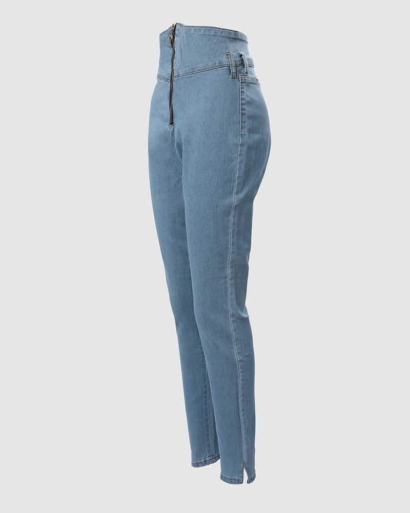 Zipper Design High Waist Skinny Jeans Women Spring Summer Solid Color Fashion Ankle Length Denim Pants Jeans