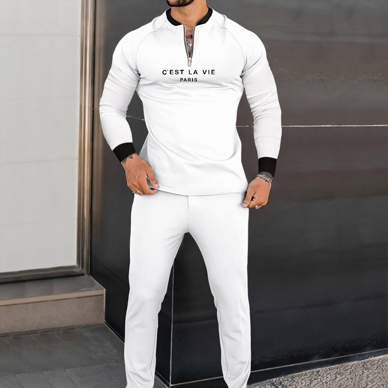 Spring Autumn Long Sleeve T Shirt+Pants Men 2 Piece Sets Men Tracksuit Printed Casual Eound Collar Zipper Sportwear Suit S-3XL
