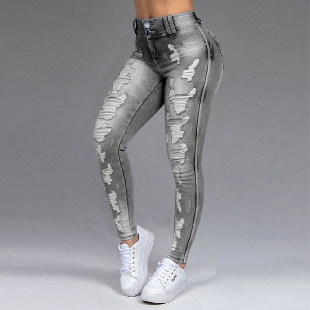 Plus Size Women Skinny Jeans Ripped Causal Denim Pants Light Washed High Waist Tight Ladies Jeans Causal Hole Female Trousers
