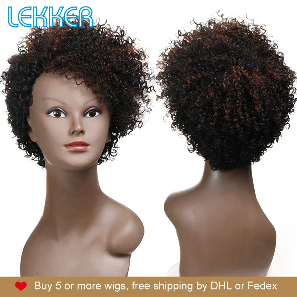 Lekker Short Curly Human Hair Wigs For Black Women Pixie Bob Afro Kinky Brazilian Remy Natural Part Side With Bangs Cheap Wigs
