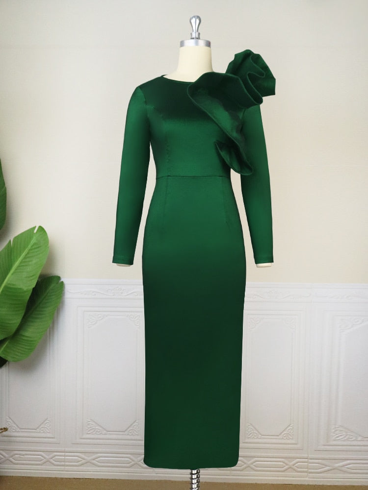 AOMEI Women Green Party Long Dress Elegant Long Sleeve Ruffle Shiny Christmas Slim Evening Cocktail Occasion Birthday Night Gown