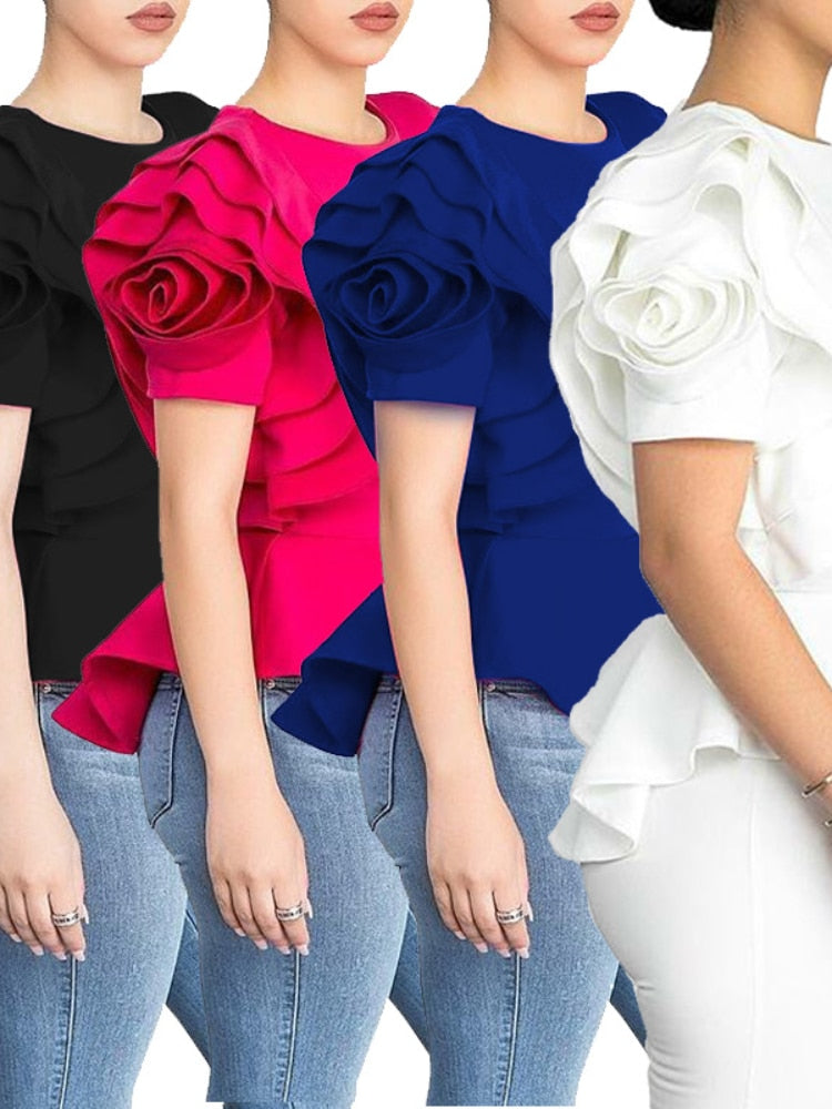 Women Blouse Tops Shirt Layers Petal Sleeves Elegant Fashion Spring Summer Rose Red Blue Black White Bluas Ruffles Classy Lady