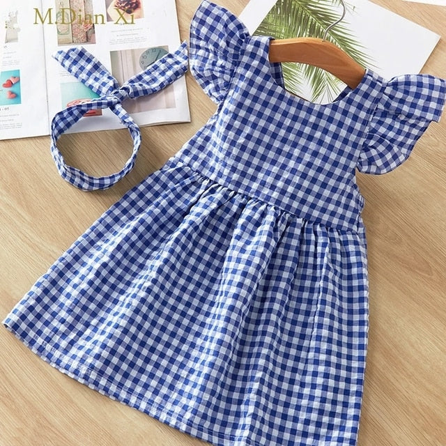 Baby Girl Clothes Summer Dress Flying Sleeve Newborn Baby Dress Cotton Minnie Dress + Baby Girl Headband Toddler Dress
