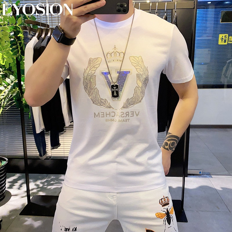 New Cotton T Shirt For Men Sequin V-Letter Summer T-Shirt Fashion Tees Casual Cool Loose 5XL O-neck Male Tops