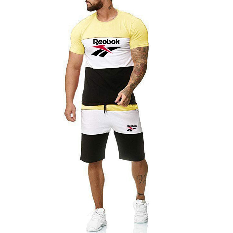Men&amp;#39;s Fashion Bodybuilding Striped Tracksuits Summer Casual Cool Short Sleeve Print Sports Streetwear Graphic T-shirt Shorts Set