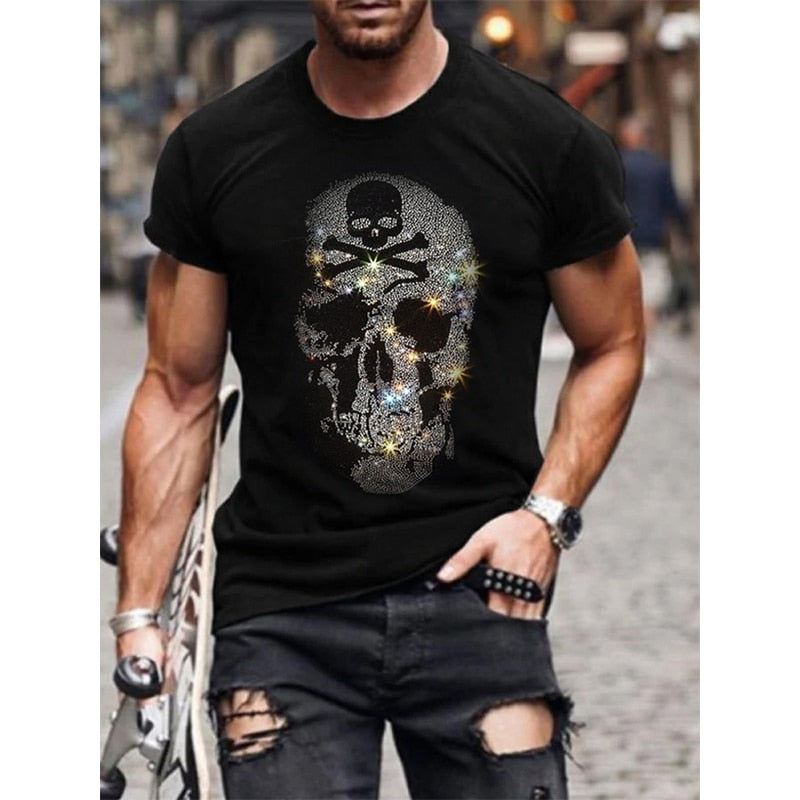 Mens Quality Fashion T-Shirts Casual Street Short Sleeve Dollar Sign Hot Drill Men Clothes Tee Tops O-Neck Rhinestone Tshirt Y2K