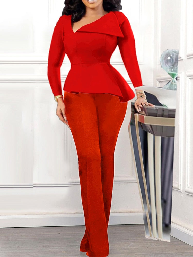 Women Red Jumpsuit Peplum Long Sleeves Slim Asymmetric Collar Office Ladies Classy Elegant Fashion Party One Piece Modest Romper