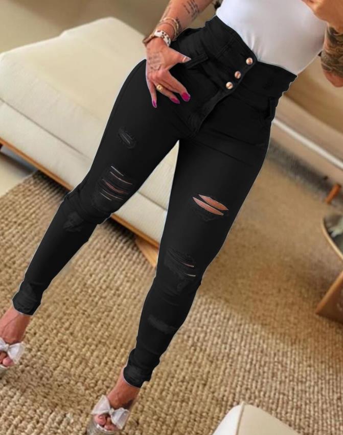 Women&amp;#39;s Jeans 2022 Trend Autumn Fashion High Waist Buttoned Cutout Ripped Casual Skinny Plain Pocket Design Daily Long Jeans