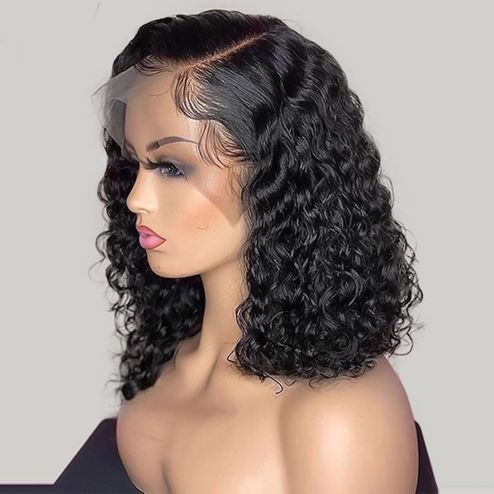 Bob Lace Wig Black Curly For Women Deep Water Curly Wave Human Hair Wigs 100% Remy Natural Hair Short Lace Frontal T Part Wig