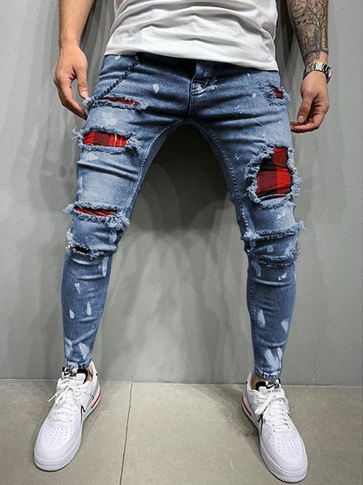 Fashion Men Jeans Knee Hole Ripped Stretch Skinny Denim Pants Solid Color Autumn Summer Hip-Hop Style Slim Fit Trousers