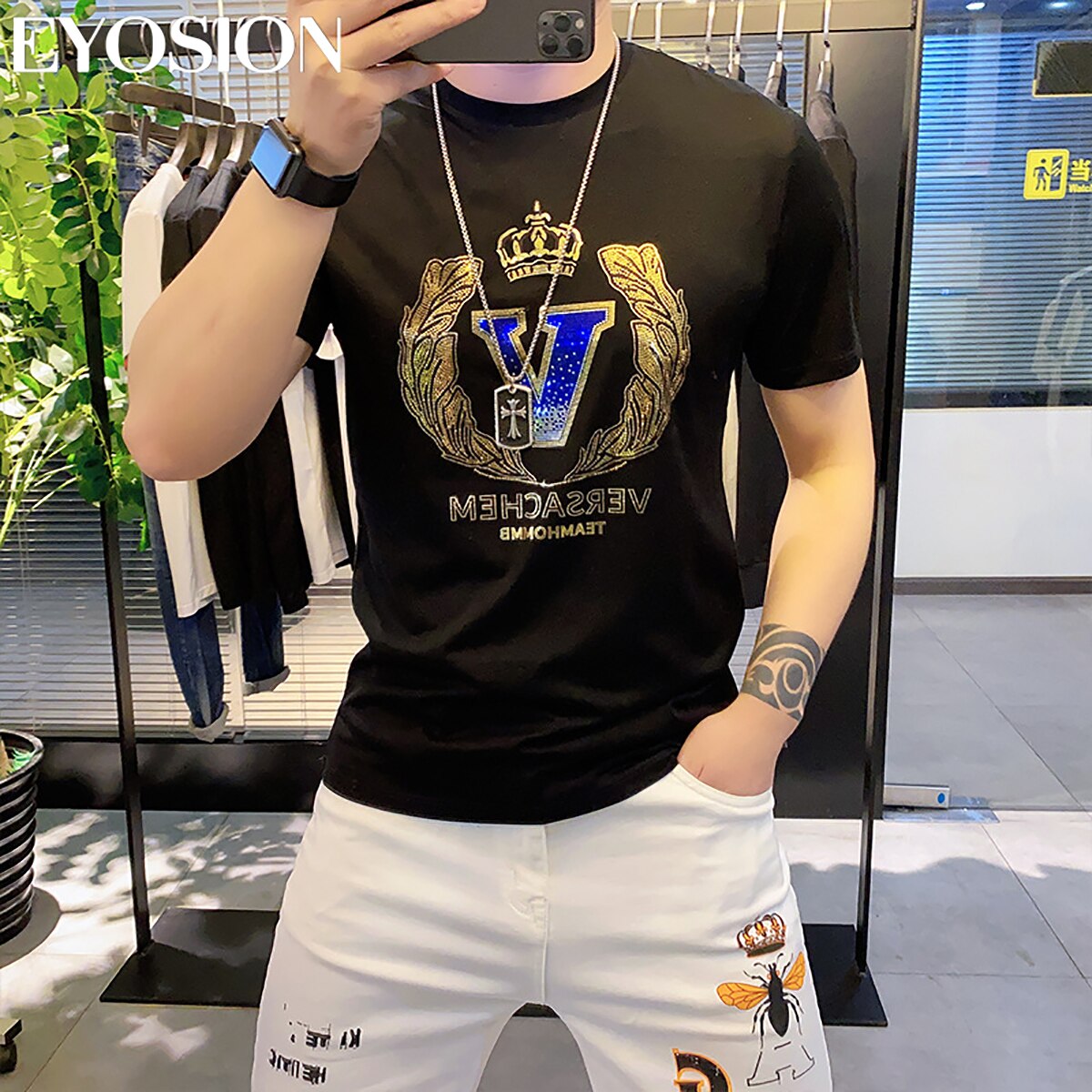 New Cotton T Shirt For Men Sequin V-Letter Summer T-Shirt Fashion Tees Casual Cool Loose 5XL O-neck Male Tops