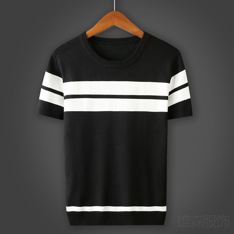 2022 Men&amp;#39;s Fashion Striped Short Sleeve Slim Fit T-shirt Top Autumn and Winter Male Casual O-neck Knitted Sweater Tees B185