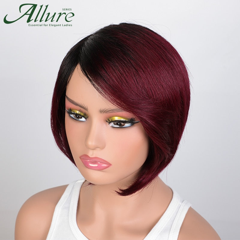 Ombre Burgundy Short Bob Wig With Bangs Side Part Bob Human Hair Wigs For Black Women Cheap Colored Brazilian Hair Wigs Allure