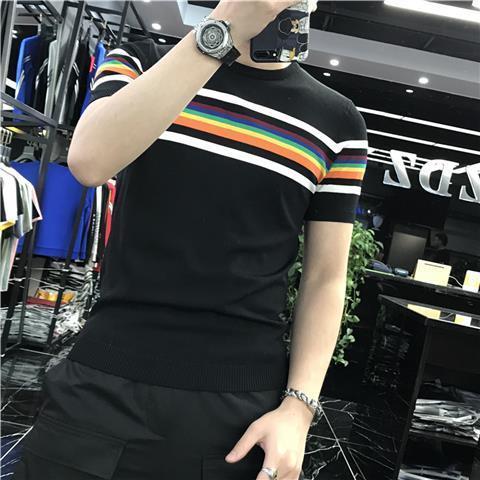 2022 Summer Men Stretched Tee Shirt Patchwork Color Stripe Knitted T Shirt Homme  Short Sleeve s