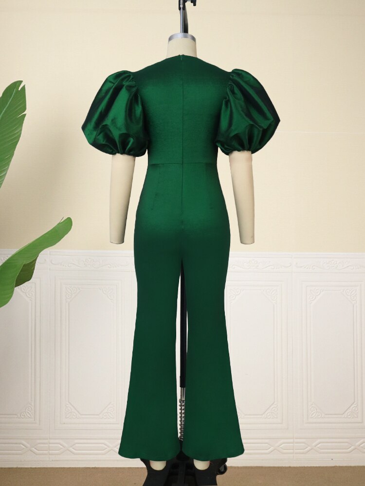 AOMEI Jumpsuit Women Christmas Shiny Green Bodycon Sexy Party Short Lantern Sleeves Slim Fit Rompers High Waist Fall Large Size