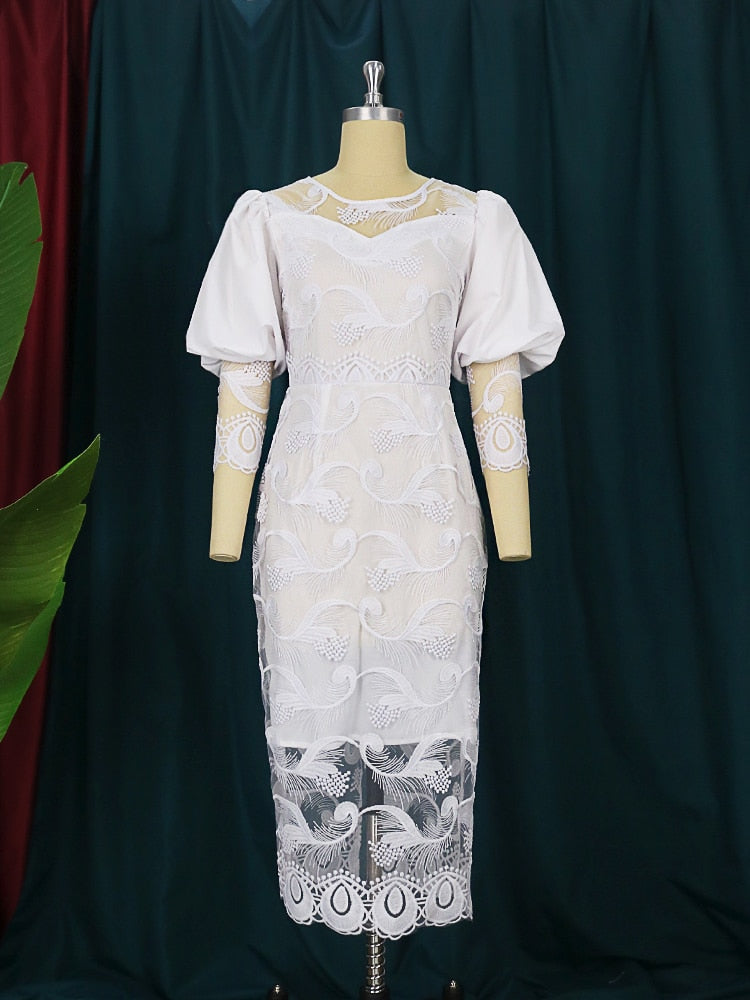 Elegant Women White Lace Dress Puff Sleeve Embroidery Pencil Dress Large Size 4XL Ladies Wedding Birthday Dinner Evening Clothes