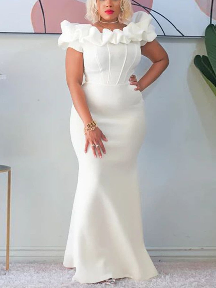 Elegant Women Long Evening Dresses Ruched Off Shoulder Slim Bodycon Mermiad White Dress Formal Party Wedding Guest Gown
