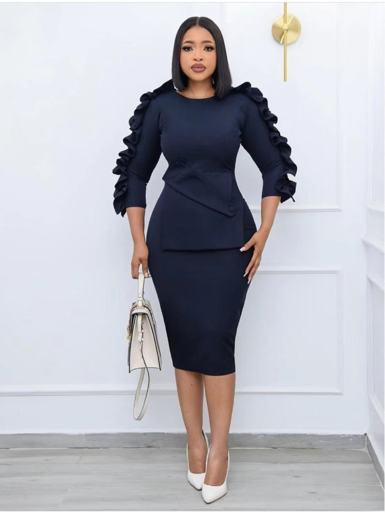 Women Bodycon Dress Elegant Office Ladies Three Quater Sleeves Ruffles Package Hip Female Modest African Retro Gowns Classy New