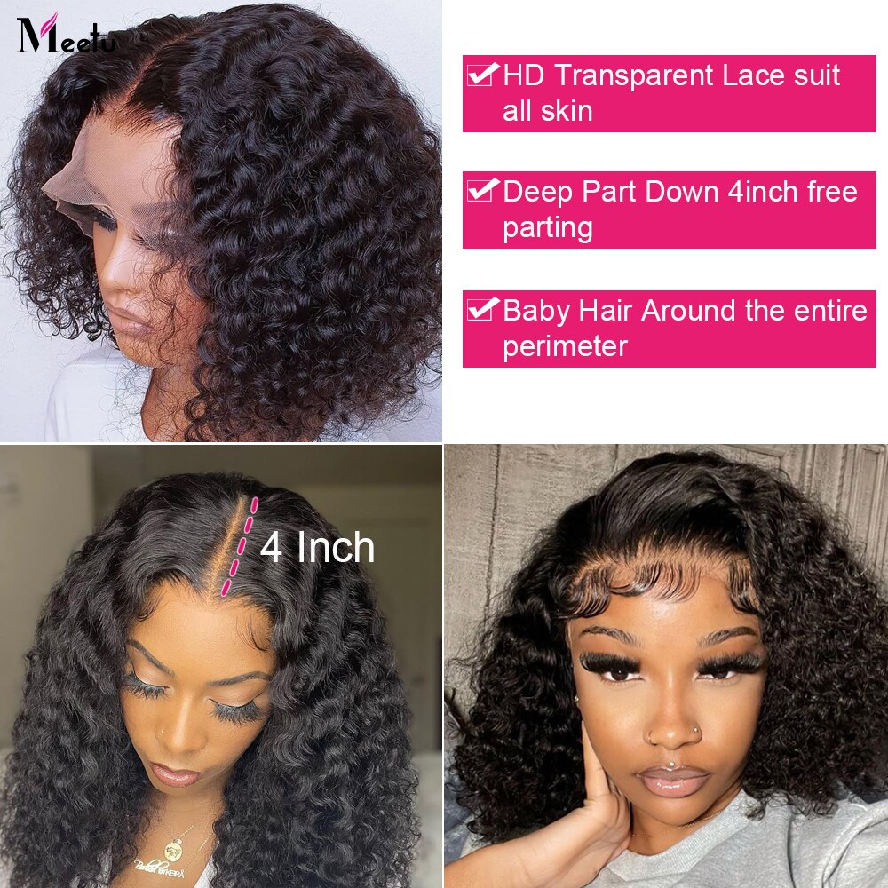 Meetu Short Bob Wig Curly Human Hair Wig 13x4 Transparent Lace Frontal Wig Glueless 4x4 Lace Wigs For Women Middle Part Style