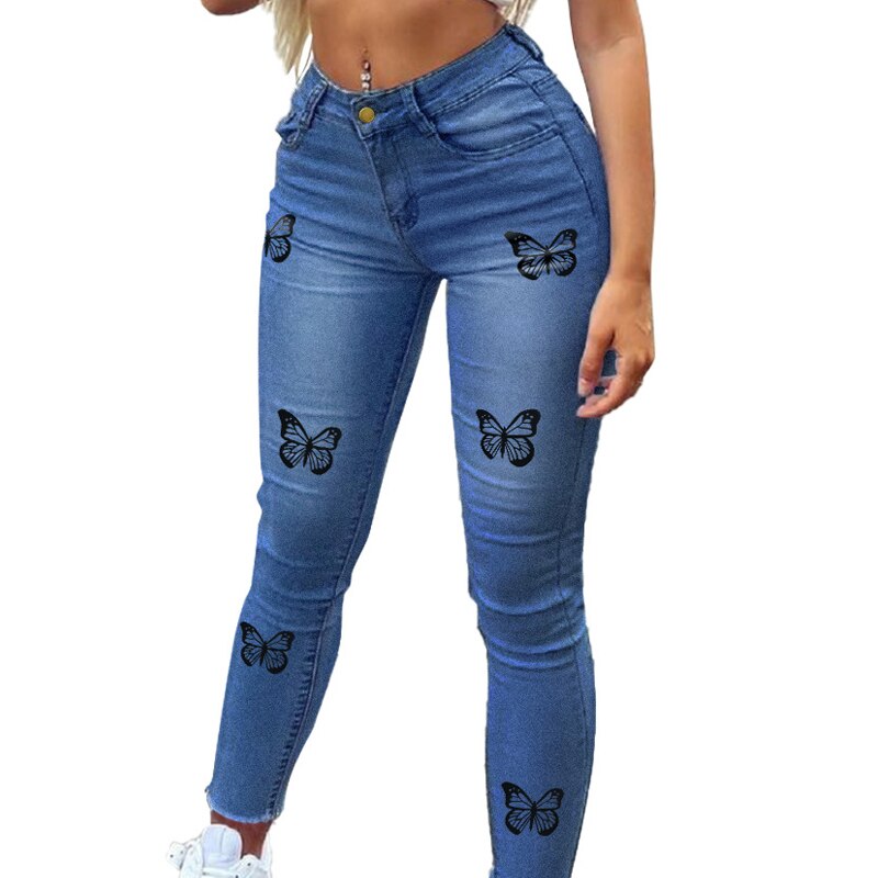 TRENDYLADY Oversized Butterfly Embroidered Ripped Jeans Zipper Fly Women Mid Waist Pencil Pants Casual Big Size Tunic Trousers
