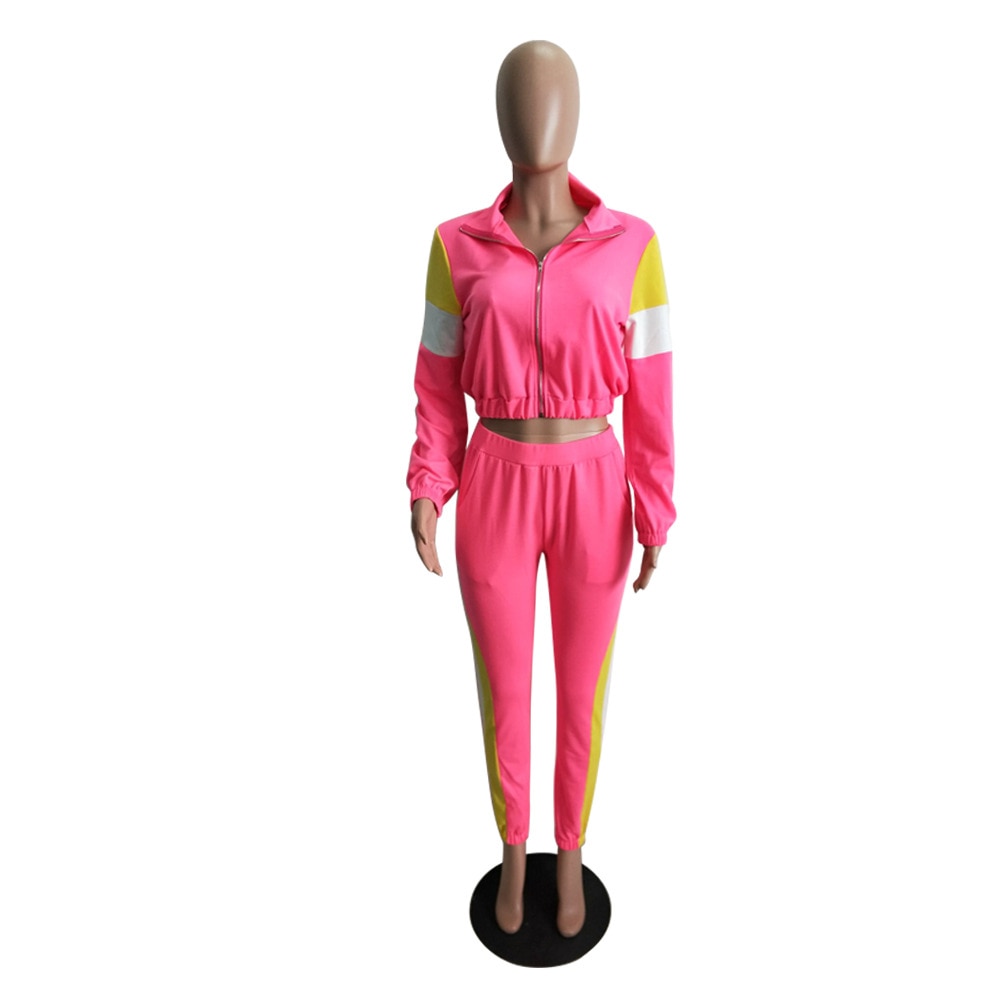 New Spring 2022 Womens Fashion Explosive Style Splicing Color Block Casual Zipper Jacket + Straight Pants Sports Two Piece Set
