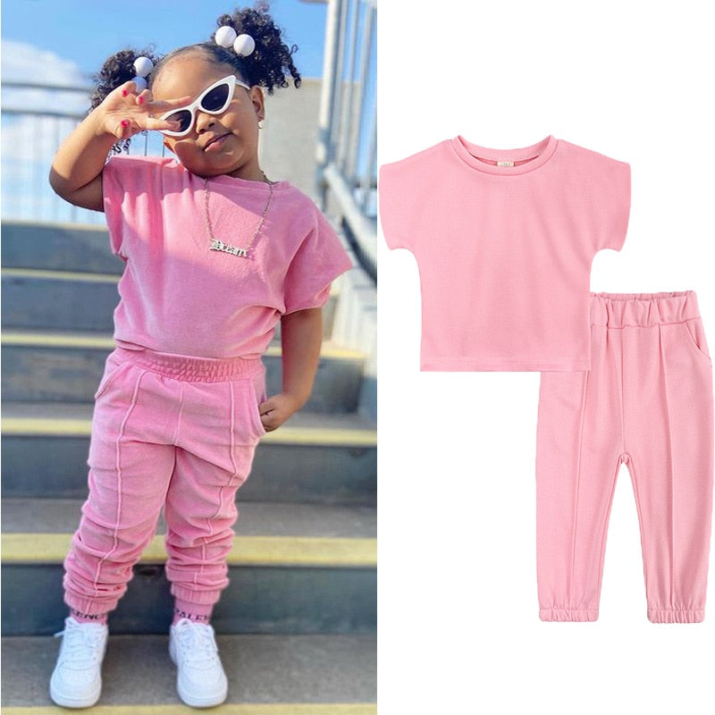 Fashion Kids Little Girls Clothing 2 Pieces Sets Cotton Solid Casual T-shirt+Elastic Waist Pants Young Children Outfits 1-6Y