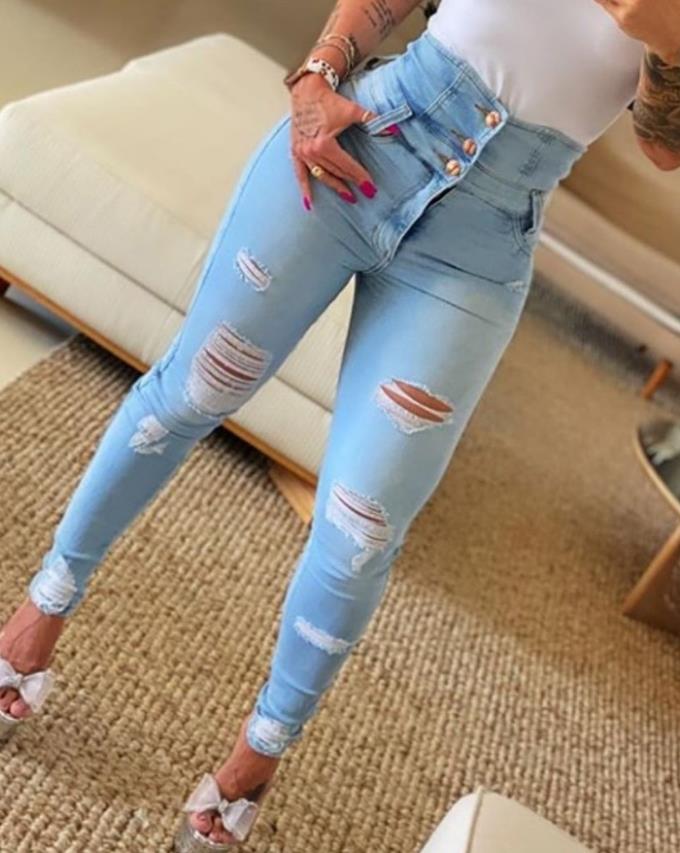 Women&amp;#39;s Jeans 2022 Trend Autumn Fashion High Waist Buttoned Cutout Ripped Casual Skinny Plain Pocket Design Daily Long Jeans