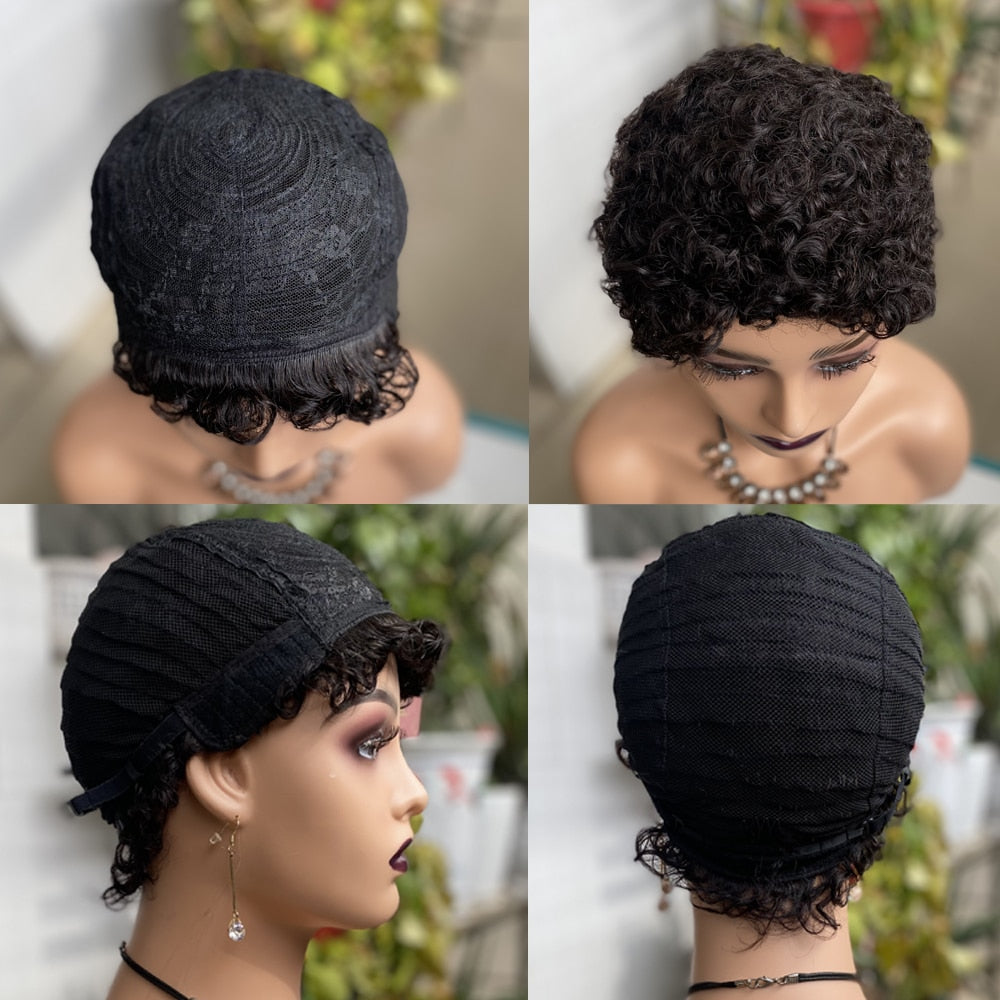 Cheap Pixie Cut Short Curly Human Hair Wig For Black Women Remy Brazilian Hair Colored Human Hiar Wig Afro Curl Short Human Wig
