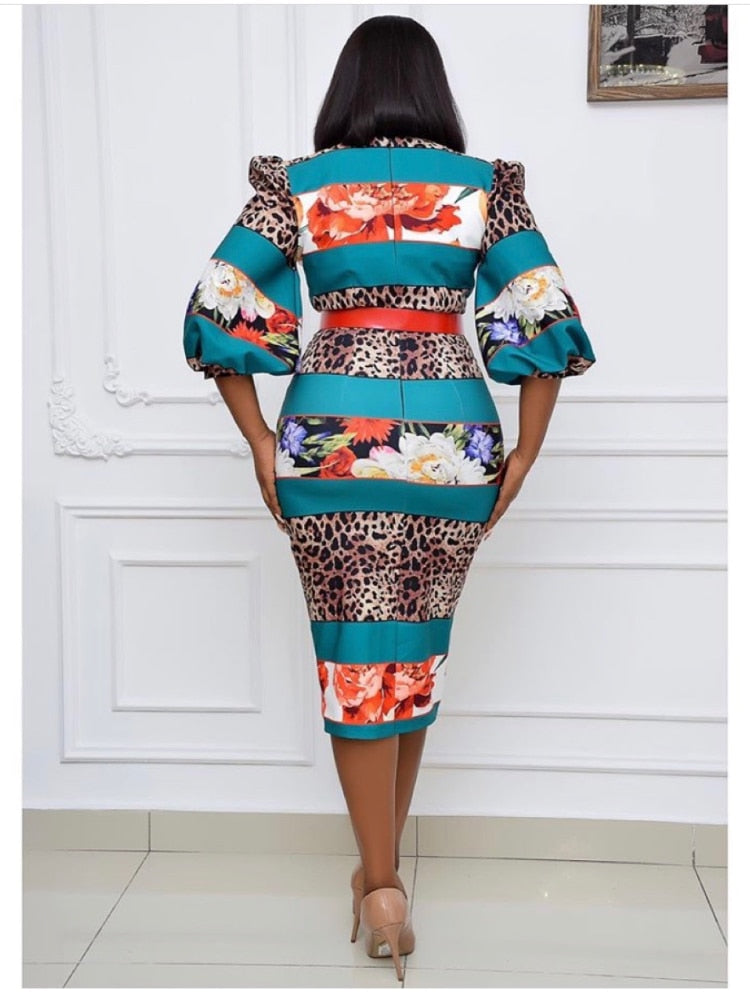 Women Printed Bodycon Dress V Neck Leopard Patchwork Lantern Sleeves Elegant Classy Office Ladies Work Wear Female African Retro