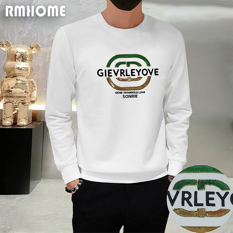 Men&#39;s Hoodies Round Neck Simple Fashion Male Pullover Heavy Craft Embroidery Sequins Long Sleeve Shirt Tide Brand Men Top Clotes