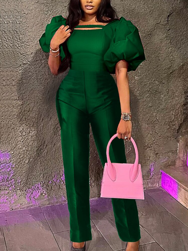 AOMEI Jumpsuit Women Christmas Shiny Green Bodycon Sexy Party Short Lantern Sleeves Slim Fit Rompers High Waist Fall Large Size