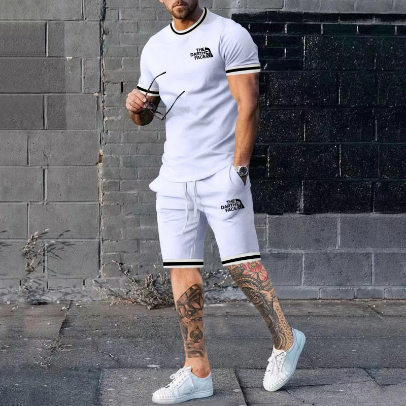 Summer Men&amp;#39;s New Solid Color Round Neck Top Shorts Suit Male Fashion Sports T-shirt Casual Set