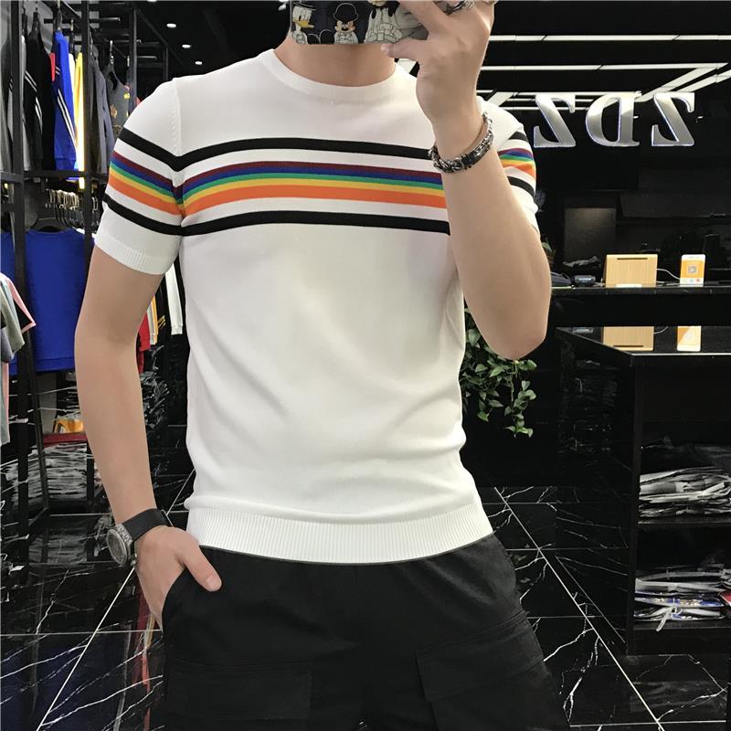 2022 Summer Men Stretched Tee Shirt Patchwork Color Stripe Knitted T Shirt Homme  Short Sleeve s