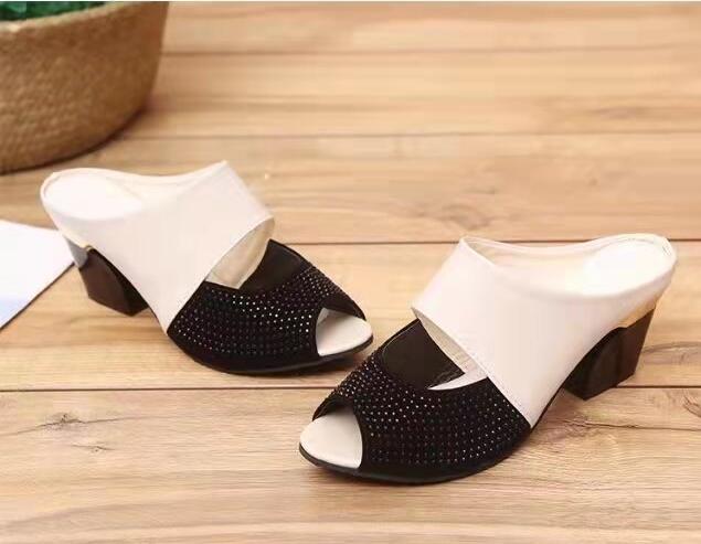 Women Sandals Square Heel 2022 Summer Shoes Woman Fashion Slides Cut-out Open Toe Slip On Mothers Sandal Female Bling Slippers