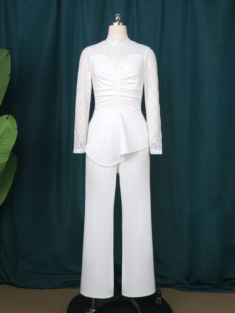Women White Lace Jumpsuits Patchwork See Through High Waist Peplum Long Sleeves Elegant Office Ladies Fashion One Piece Autumn