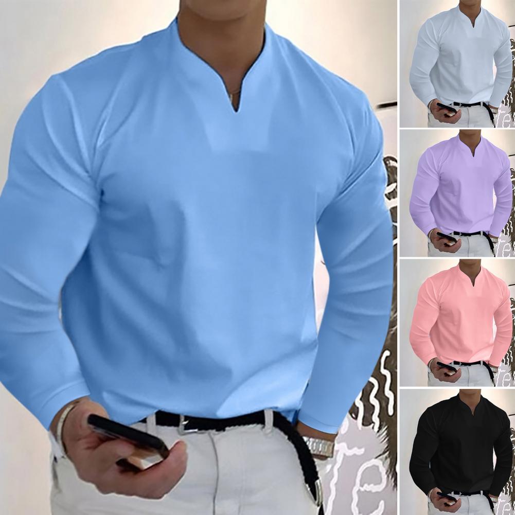 Handsome man shirt long sleeve pullover v-neck solid t-shirts colorfast