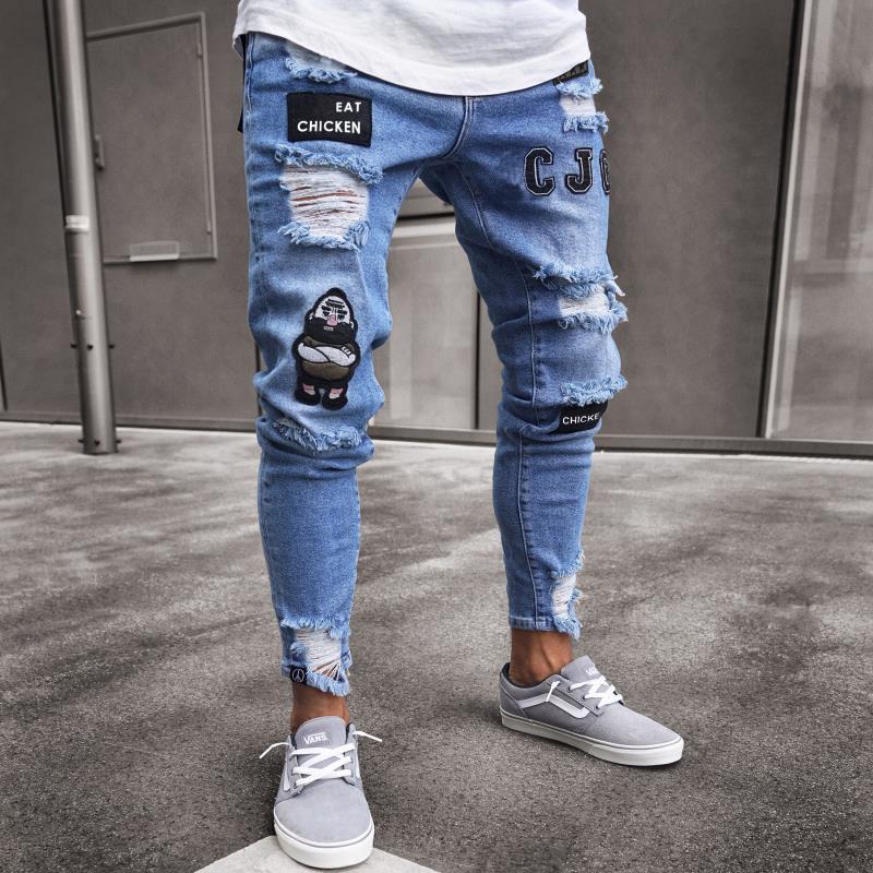Men&amp;#39;s Painted Skinny Slim Fit Straight Ripped Distressed Pleated Knee Patch Denim Pants Stretch Jeans