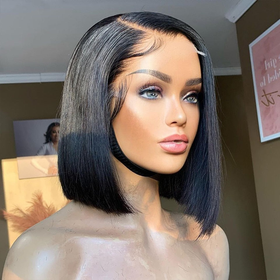 Pre Plucked Brazilian Human Hair Wigs Side Part Bob Wig for Women Natural Color T Part Lace Remy Straight Human Hair Wigs